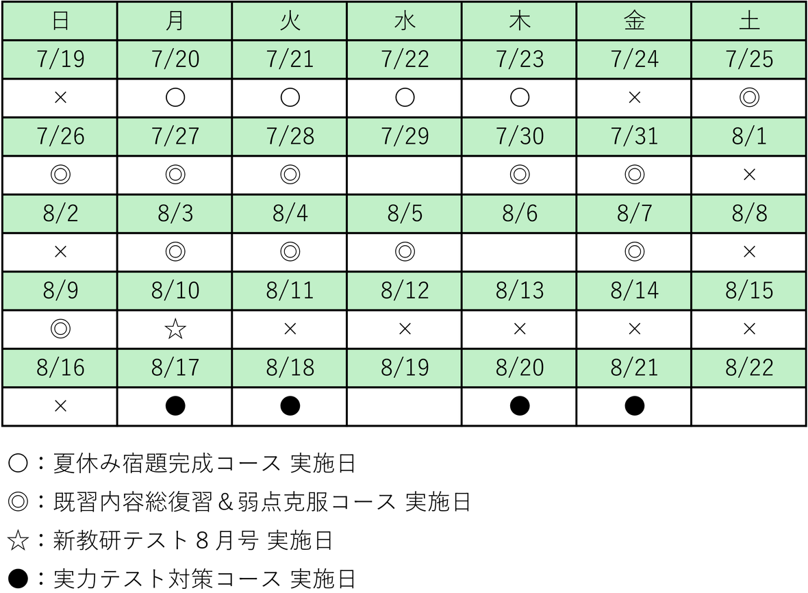2024年度中学３年生・夏期講習会日程表
